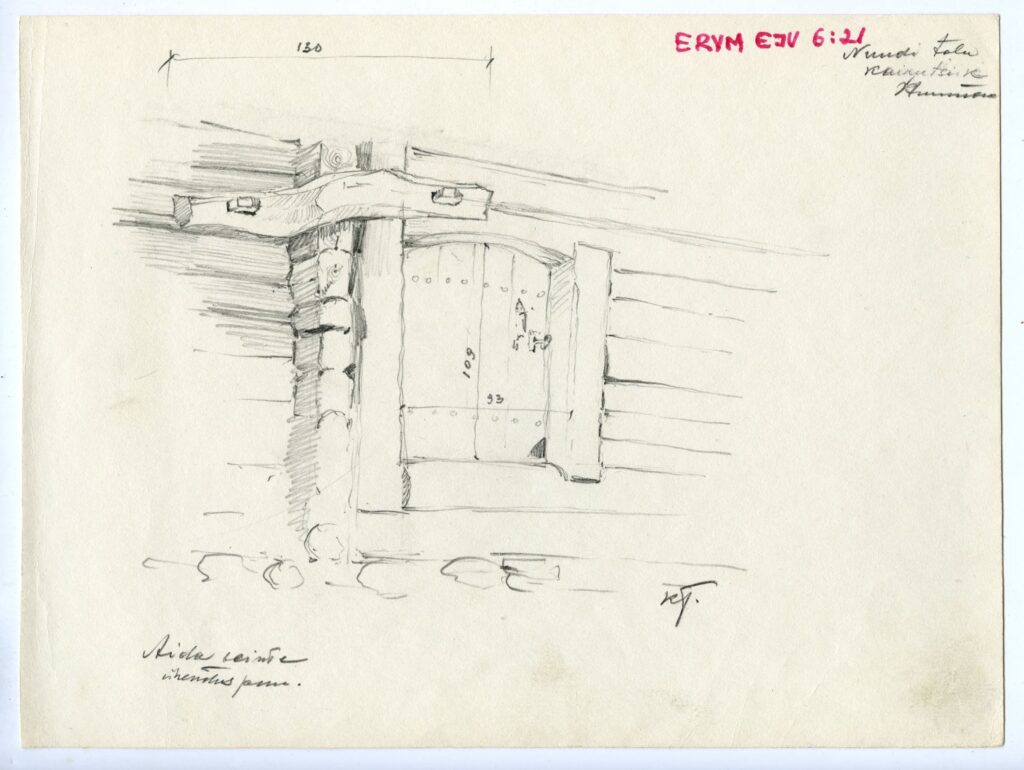 Karl Tihase joonistus (1958). Nuudi talu aida seinte ühenduspuu